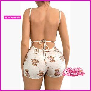 Polyester Elastane Stretch Backless Romper Onesie Nightgown Pajamas